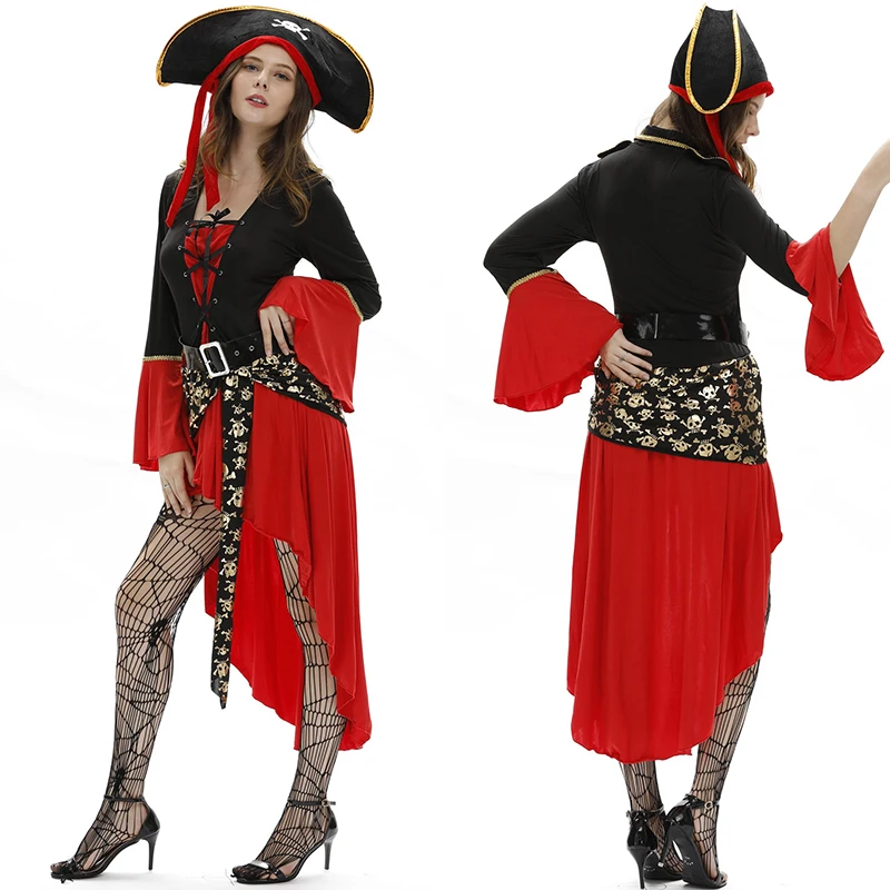 

2021 Hot Cosplay Adultes Red Pirate Costume Carnaval Halloween Costumes For Women Party Games Fancy Dress Outfits Deguisement, Shown