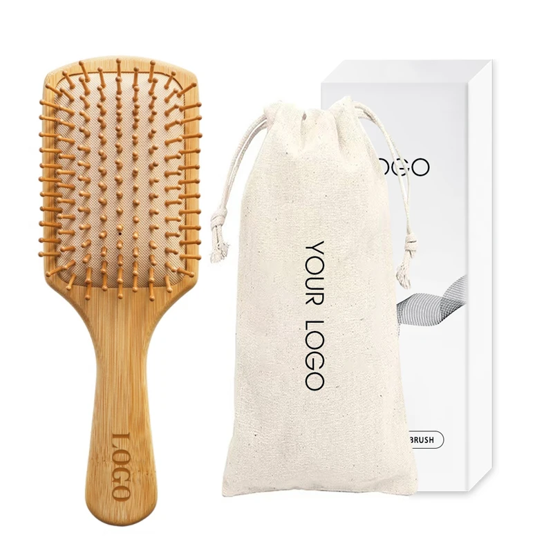 

Christmas Present Custom Logo Massage Hairbrush Cushion Detangling Bamboo Paddle Hair Brush, Natural