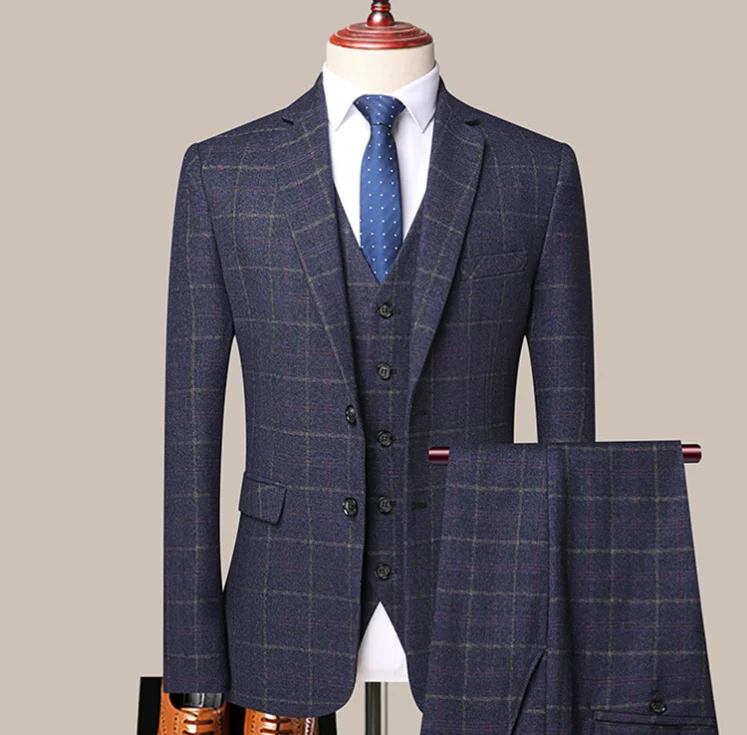 

2021 spring new suit fit men's plaid three-piece suit Korean business dress suit men's wholesale, Gray blue, gray, blue