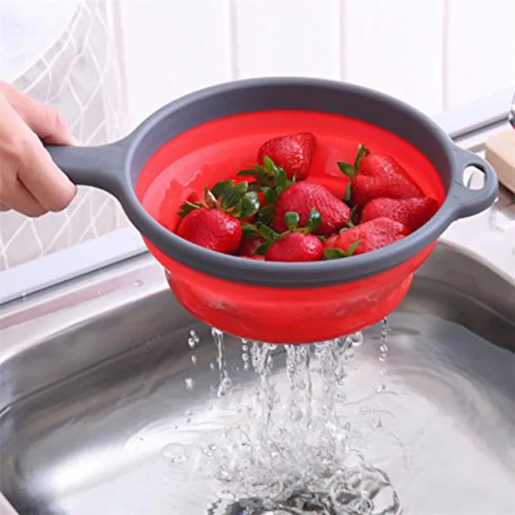 

Red green orange kitchen wash vegetables silicone drain stretch grocery folding fruit basket with handle, Red, orange, green
