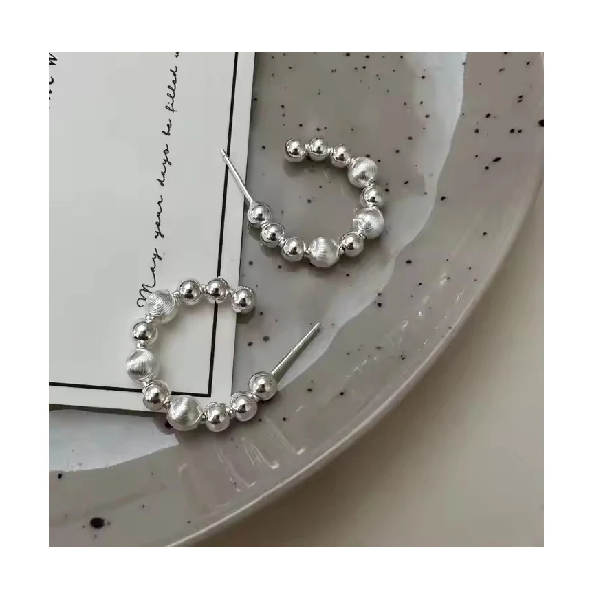Vintage Style 925 Sterling Silver Big Small Round Beaded Hoop Earrings for Women Girls Gift
