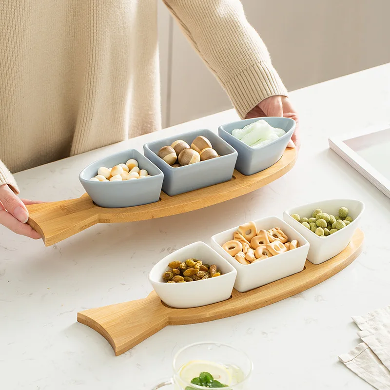 

Nordic minimalist matte color glaze ceramic snack bowl platter fish-shaped plate snack plate with wooden support base set, Customized color