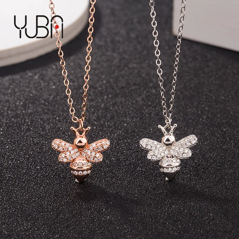 

Fashionable ZIRCON Rose Gold Plated S925 silver bee Charm Pendant Necklace Jewelry Women's, Silver color