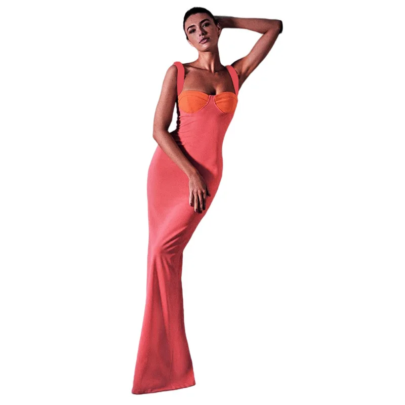 

LvCong Europe and America bodycon sexy sleeveless maxi contrast color bodycon dress sling long dress