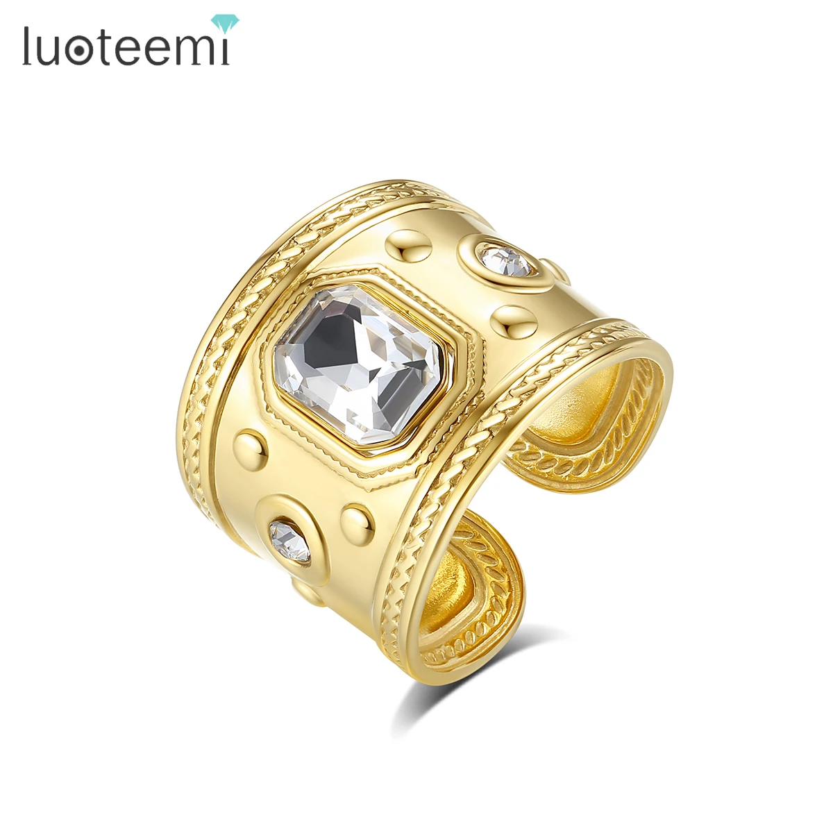 

SP-LAM Metal Square Statement Jewelry Fashion Crystal Finger Band Woman Vintage Lady Big Stone Ring