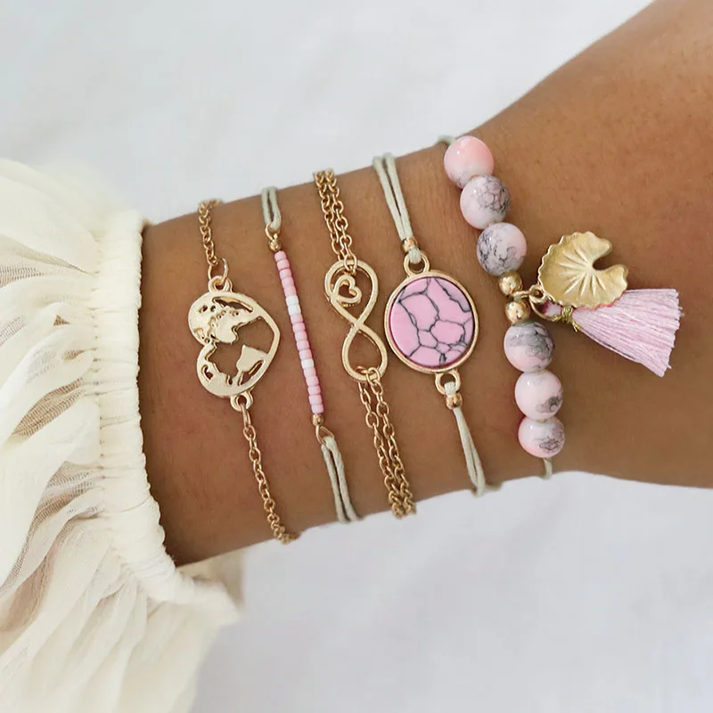 

5 Pcs/set Vintage Pink Natural Stone Charm Tassel Bracelets Set for Women Boho Infinity Heart Map Bracelets Set (KB8242), As picture