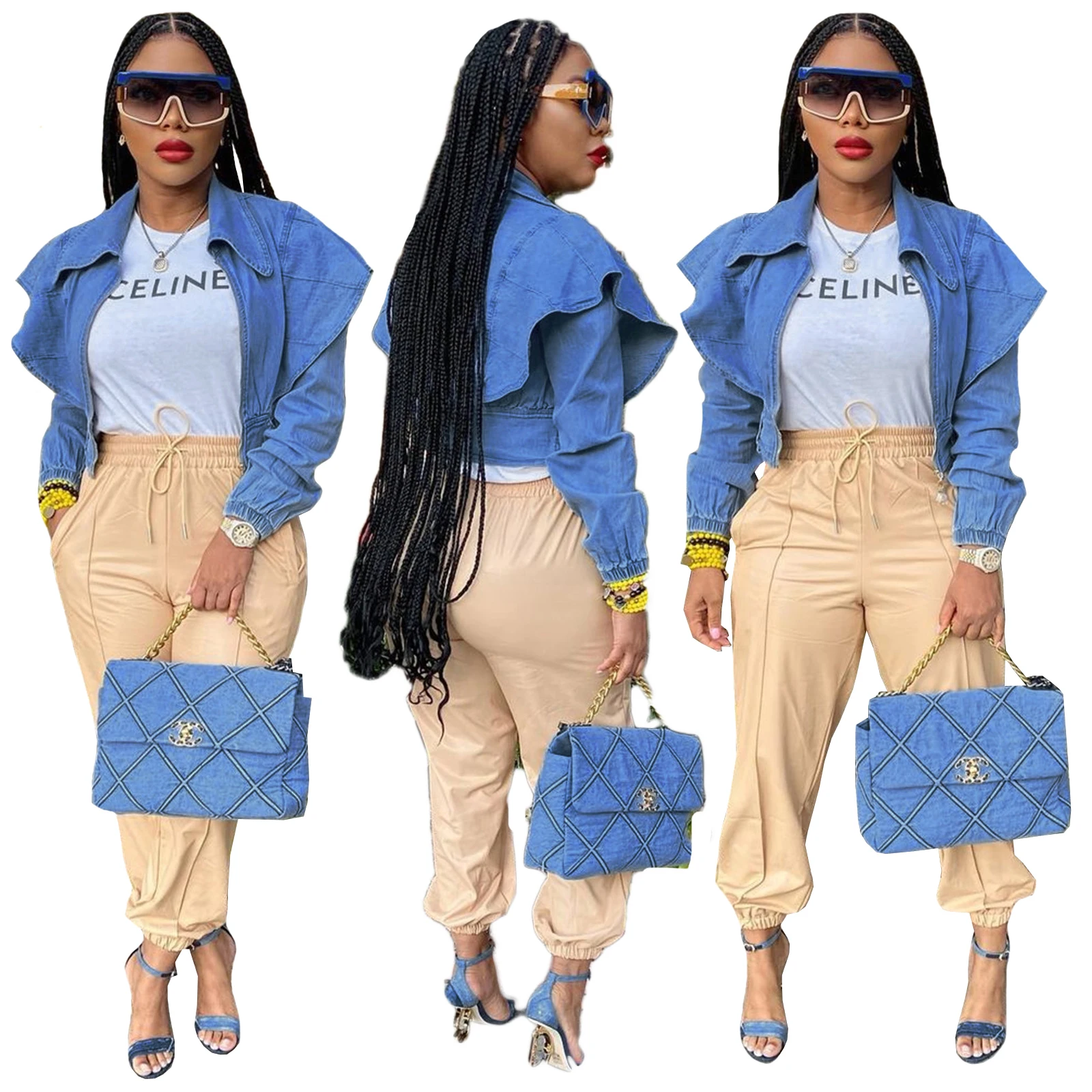 

New Design Trench Ruffles Coats Turn Down Collar Denim Jacket For Women Zipper Crop Jeans Jacket