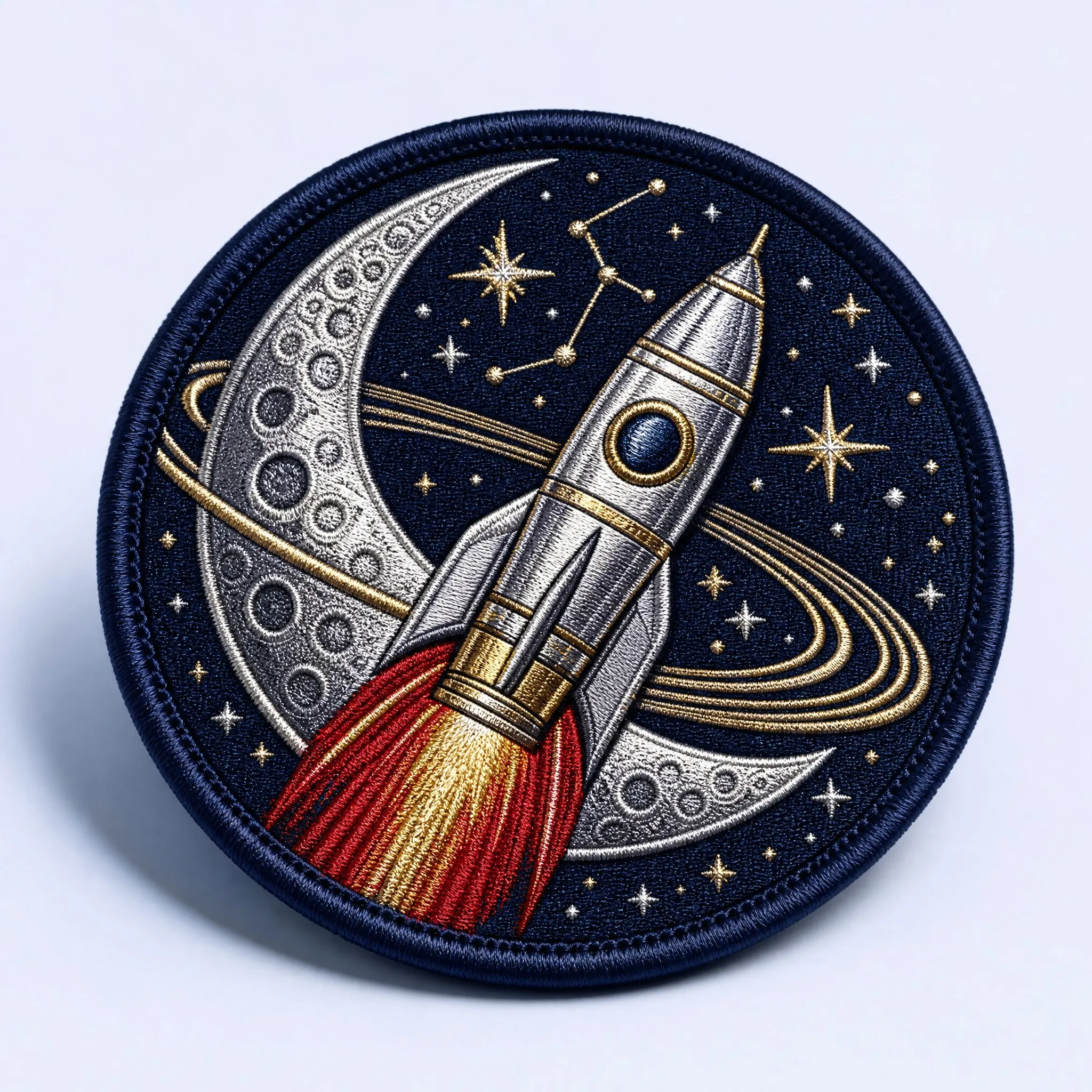 Circular Space Mission Patch with Metallic Silver Retro Rocket Blasting Past Cratered Crescent Moon with Golden Planetary Rings and Constellations