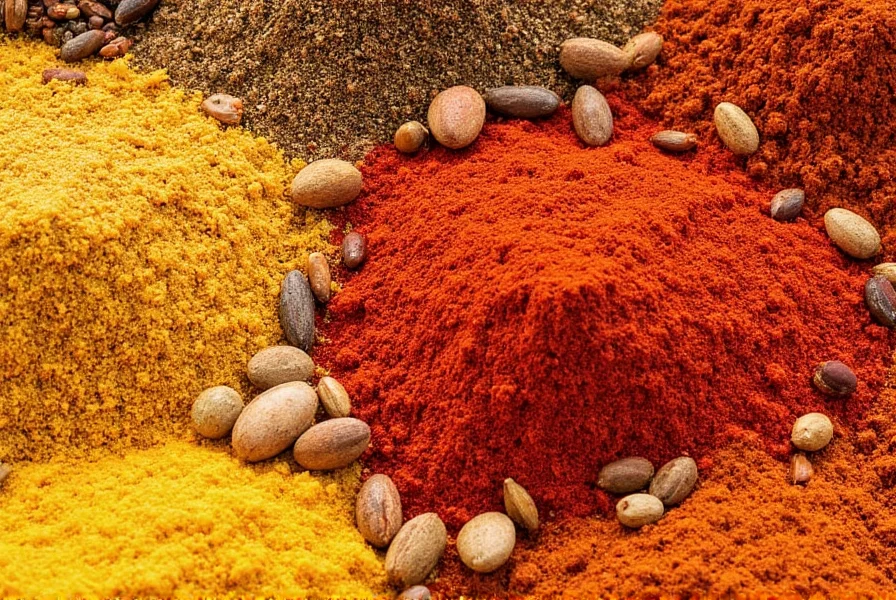 Curry spices arranged in bowls on wooden table