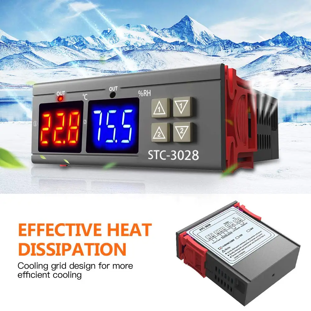 STC-3028 AC 110-220V 10A Digital Temperature Controller Dual Display Thermostat for Greenhouse/Pet Incubation/Farm/Fish Tank