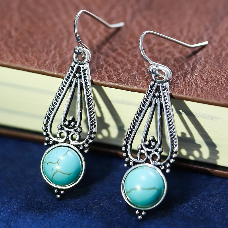 

Green Natural Stone Earrings Drop-Shaped Round Turquoise Floral Earrings, Silver