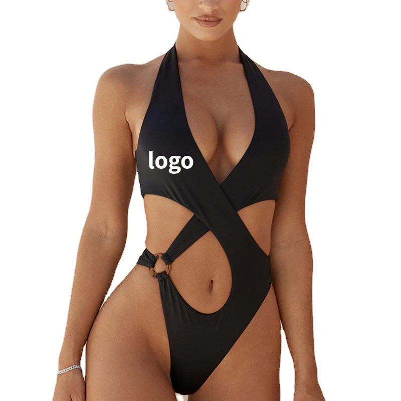 

One Piece Swimsuit String Monokini 2021 Sexy Solid High Cut Bikini Bandeau Swimwear Ring Chain Bodysuits Swimming Suit, Customized color