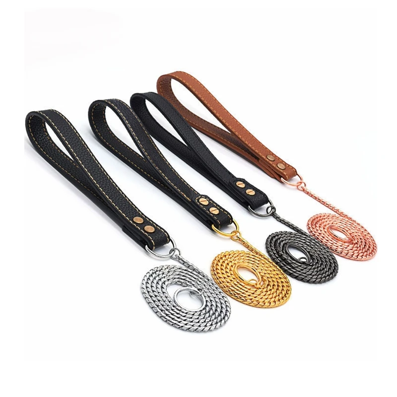 

Hot Sale China Wholesale 4 Colors Custom Solid Brass Copper Snake Choke Dog Leash Chain With Leather Handle, Back/brown
