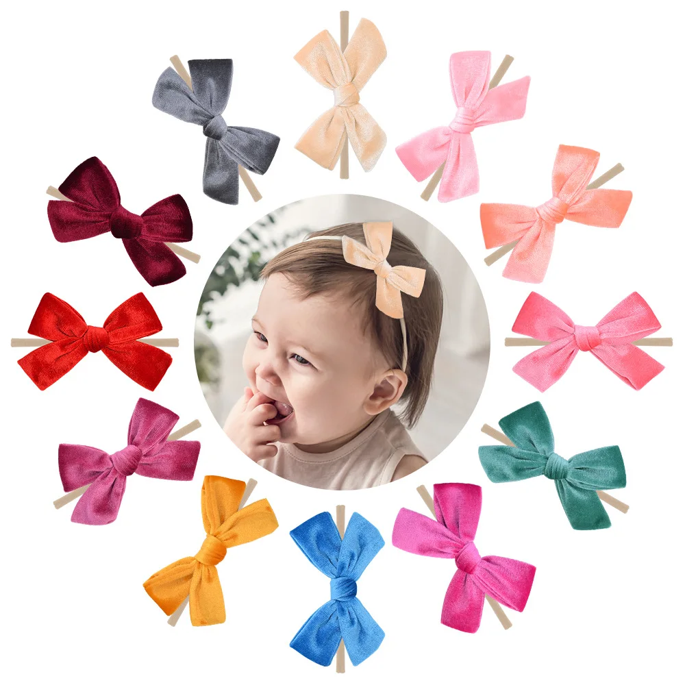 

Free Shipping  Velvet Bow infant baby girls elastic thin nylon headband hair accessories for kids 279, Picture