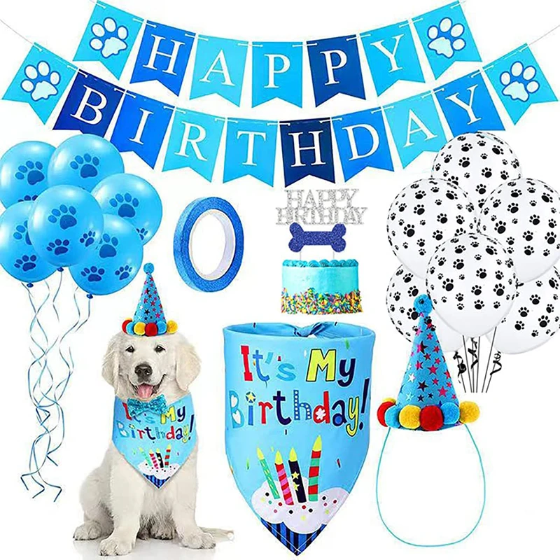 

Pet Birthday Cake Topper Paw Print Ballons Birthday Banner Hat and Bandana for Dog Birthday Party
