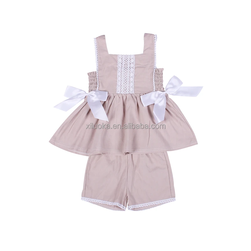 

High Quality Center Lace Girl Boutique Outfits Sleeveless Kids Linen Set