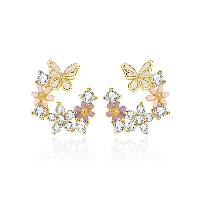 

OEM ODM Jewelry Custom Enamel Butterfly Flower Earrings 925 Sterling Silver Stud Earrings Colorful Pink Zircon Earrings Hooks