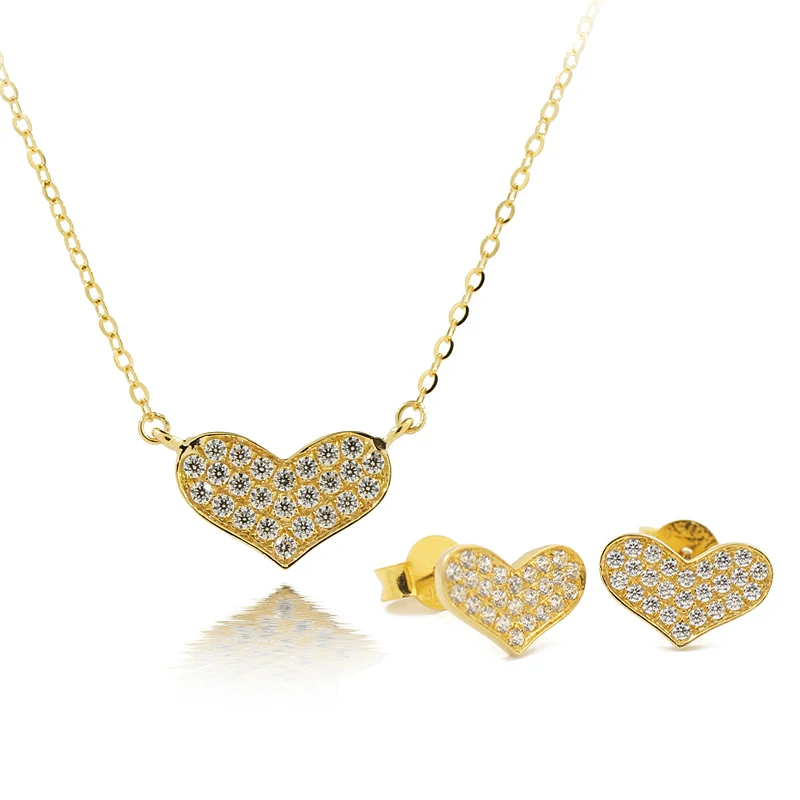 

Fashion Jewelry Sets Solid Pure Gold 18K Necklace With Pendant Heart Earring Studs with 5A CZ Stones AU750 For Women
