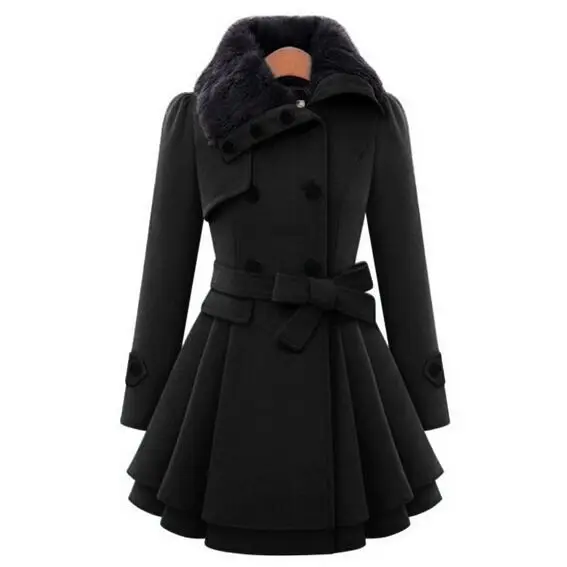 

fur collar double row buttum high waist outwear with hem design mid long winter jacket women coat, As show