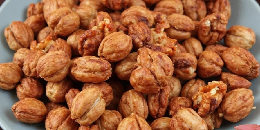 Bowl of spicy walnuts with red chili flakes and smoke effect