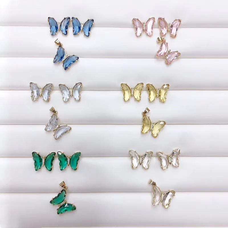 

S11059 Bling Jewelry CZ Micro Pave Crystal Glass Butterfly Stud Earring and Pendants Jewelry set for Ladies Women