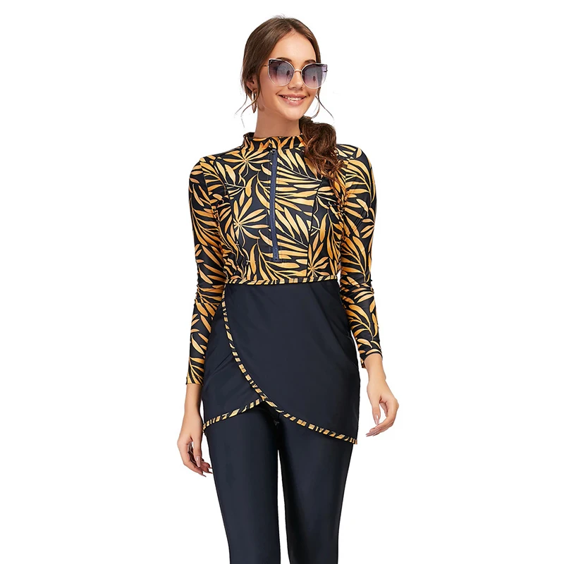 

Women Modest Patchwork Hijab Long Sleeves Sport Swimsuit 3pcs Islamic Wear Beach Suit Muslim Swimwear Printed Swimsuit