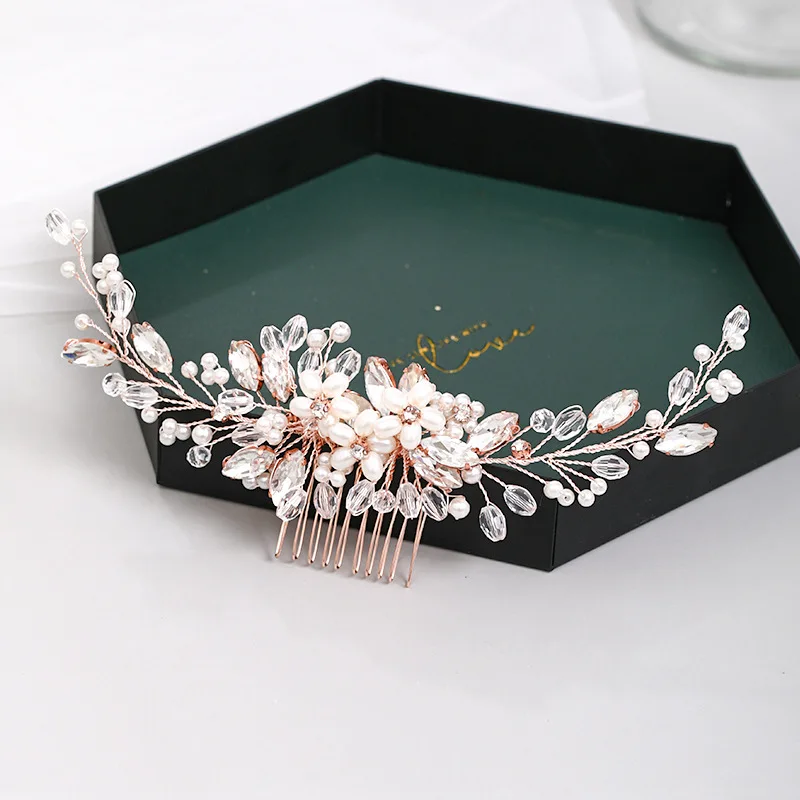 

Wholesale Vintage Rose Gold Pearl Crystal Flower Fancy Wedding Hair Combs Hair piece for braids