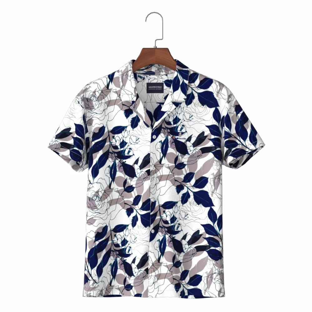 

Hot Sale Men's Shirt 100% Cotton with Big Flowers and Plants Print Pattern Comfortable Aloha Shirt