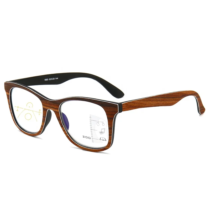 

Ready to Ship oem logo wood grain frame blue light blocking progressive prescription reading glasses