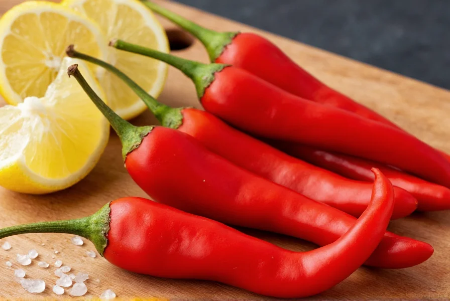 Close-up photograph of fresh shisito peppers on a wooden cutting board with sea salt and lemon wedges