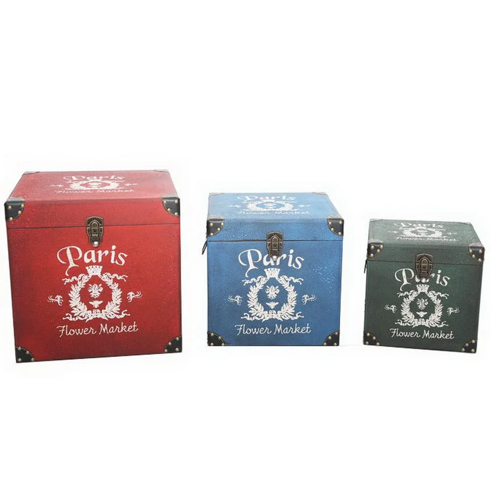 

High Quality Set of 3 Custom Storage Square Box Coffee Vintage Lock Cheap Wooden Trunk