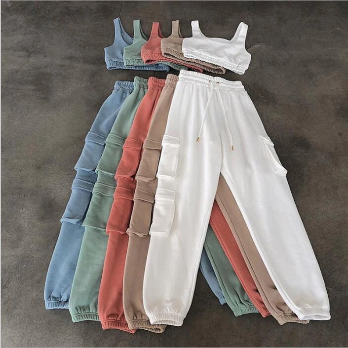 

Custom Logo Knit Two Piece Set Women Clothing Jogger Two Pieces Pants Set with Pockets and Crop Top Vest Set