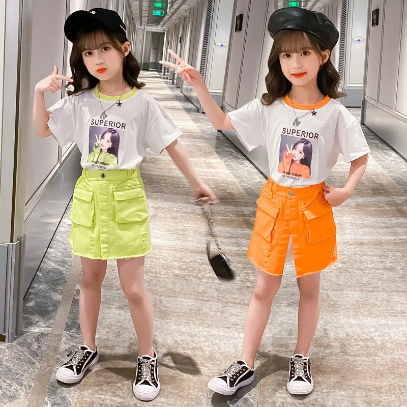 

New fashion Toddler Girl Clothing set printed short sleeve T-shirt + pocket skirt set clothing for kids, Picture shows