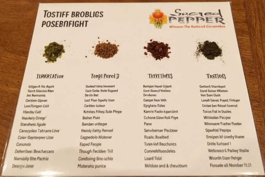 Pepper flight presentation at Sacred Pepper restaurant showing different pepper varieties with tasting notes