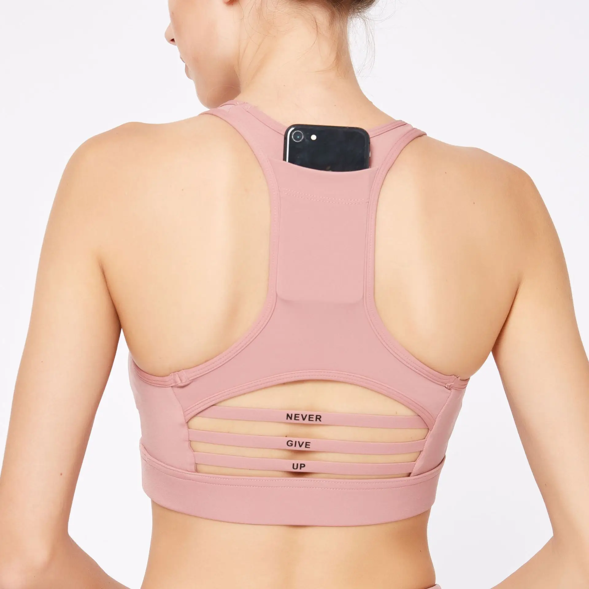 

2019 new back pocket sports bra underwear horizontal strip mesh stitching sports women's yoga vest fitness clothes