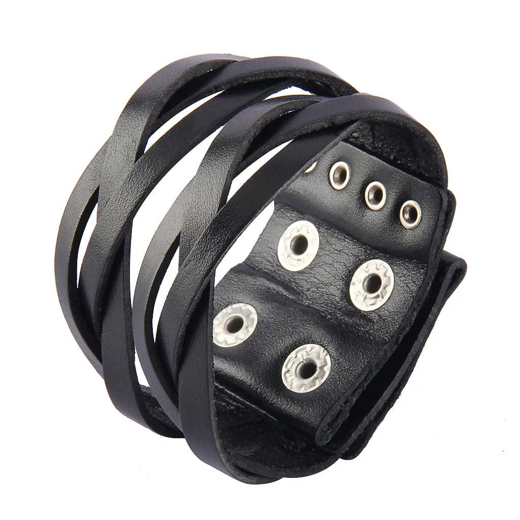 

Wide Punk Genuine Metal Stainless Steel Braided Rope Wrap Cuff Jewelry Lady Women Men Leather Bracelet