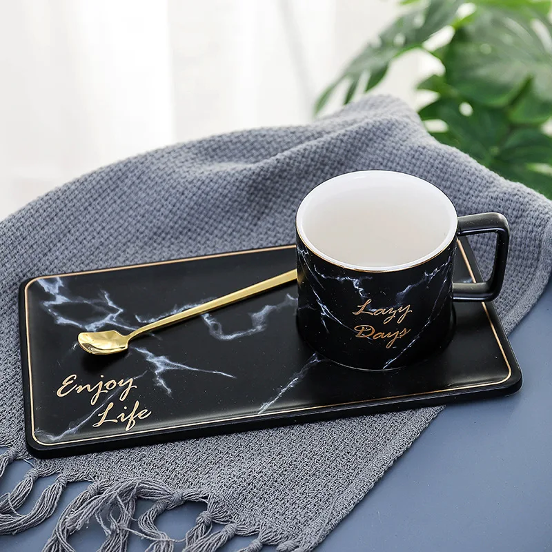 

Seaygift Customized morden high quality black and white handmade porcelain marble desgin ceramic cup and saucer set with golden, Blue/black/pink/white