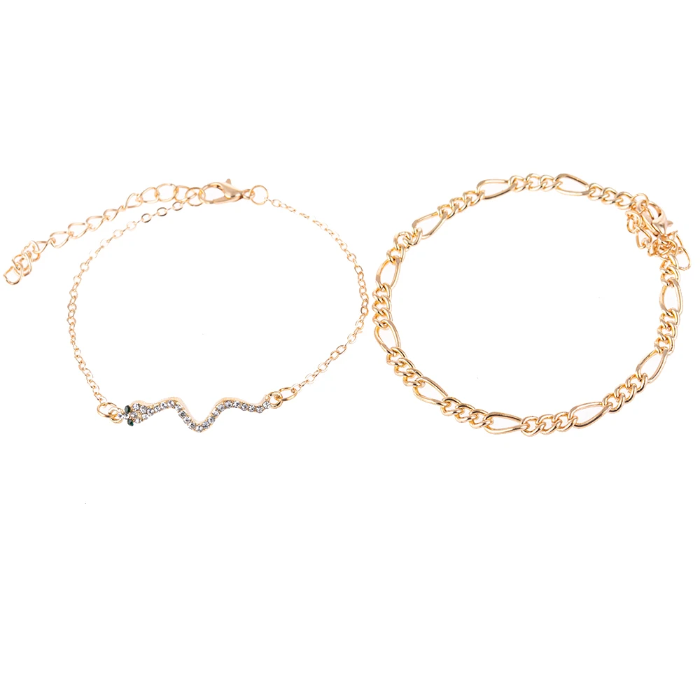 

2pcs/set gold plated chains alloy jewelry snake shape women jewelry set gold ankle bracelet woman men, Picture