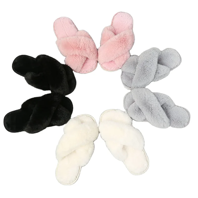 

Wholesale ladies fashion fur slides custom fluffy slippers winter plush cross belt drag cotton indoor warmth plush slipper women, Black,white,grey,pink
