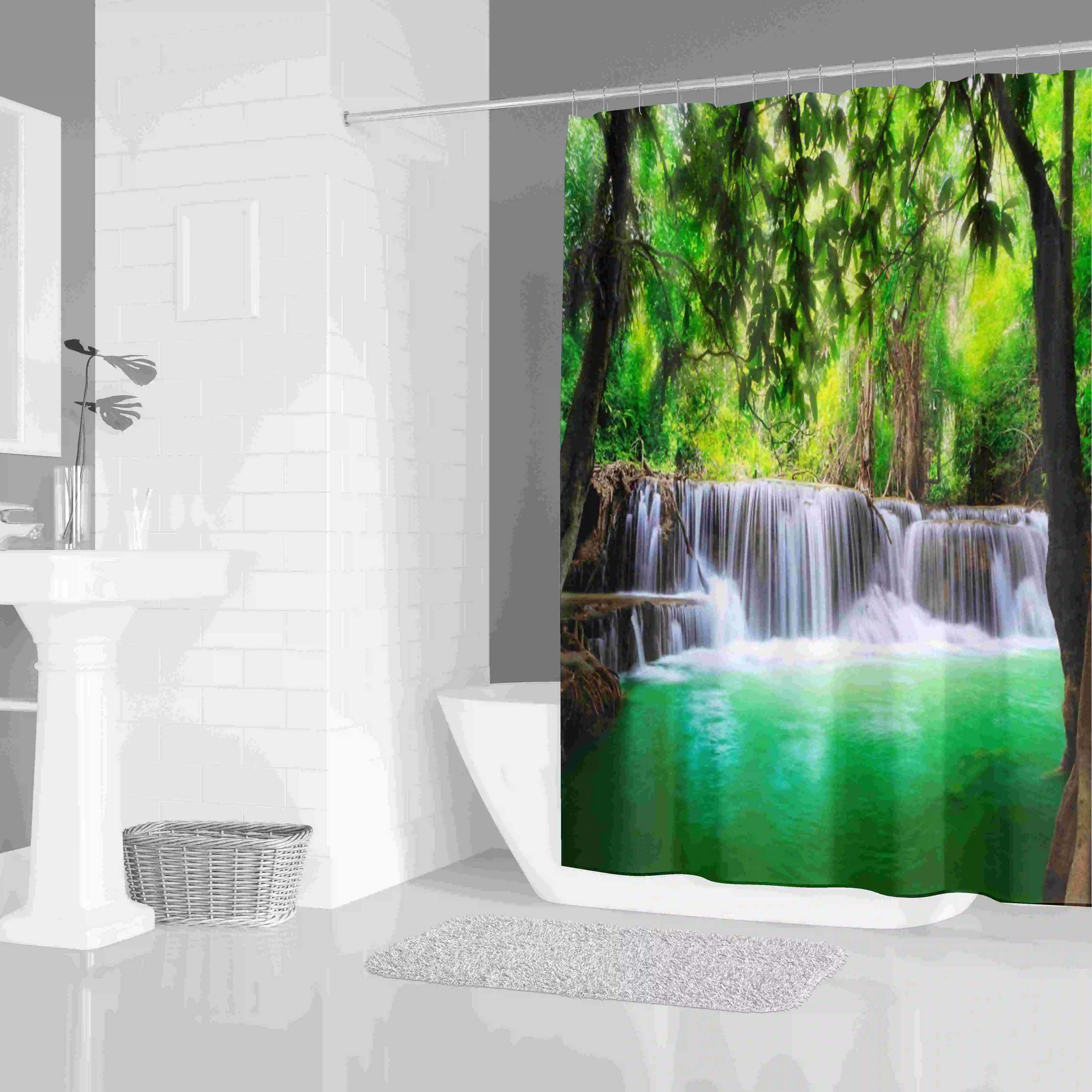 

Hot sales Amazon choose antimicrobic landscape style farmhouse athroom shower curtain