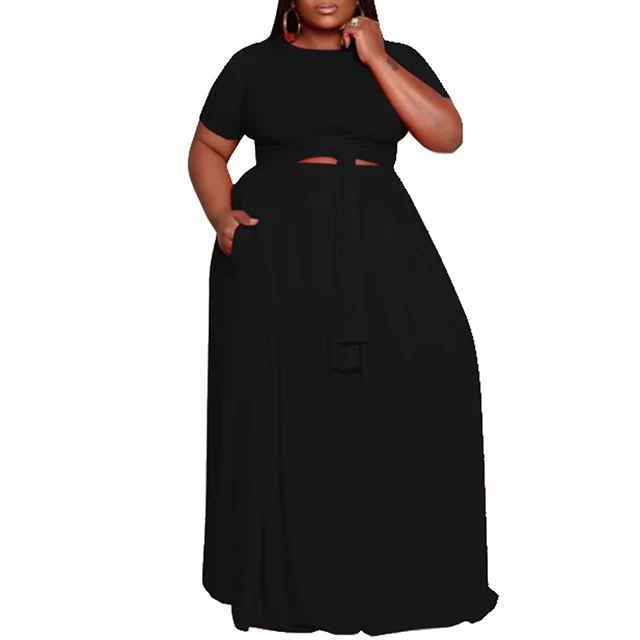 

2021 Summer Clothes Trendy Pure Color Plus Size Crew Neck Short Sleeve Hollow Out Tie-Wrap Pocket Maxi Dresses For Women, Red,black,blue