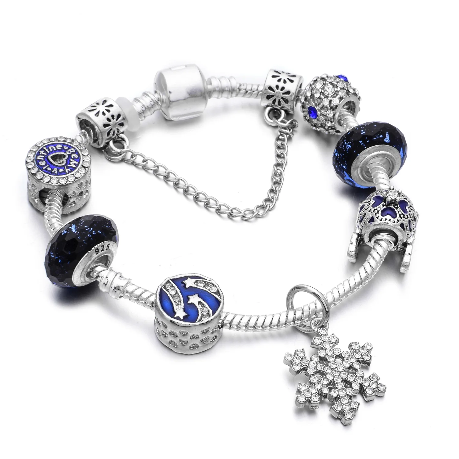 

S925 Sterling Silver Plated Crystal Rhinestone Star Beaded Bracelets Snowflake Unicorn Charm Bracelets For Girl Gifts