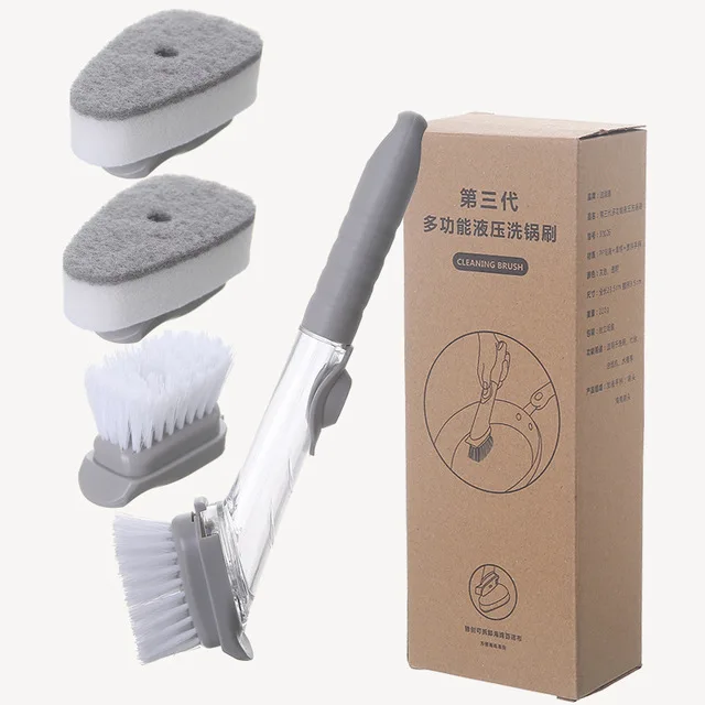 

Dishwashing Device Kitchen Cleaning Brush 2 Brush Head 2 Sponge Automatic Plus Detergent Brush Long Handle Hydraulic Wash Pot, Transparent