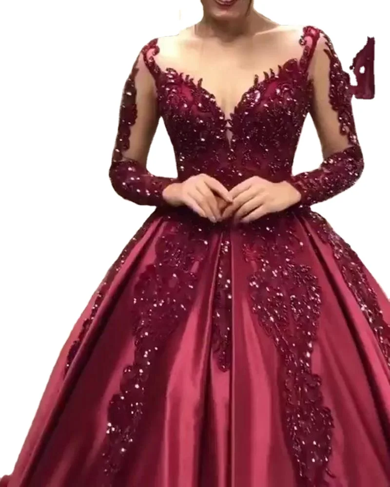 

Sexy Sheer Neckline Long Sleeve Beading Ball Gown women Formal Wedding Dress, Picture