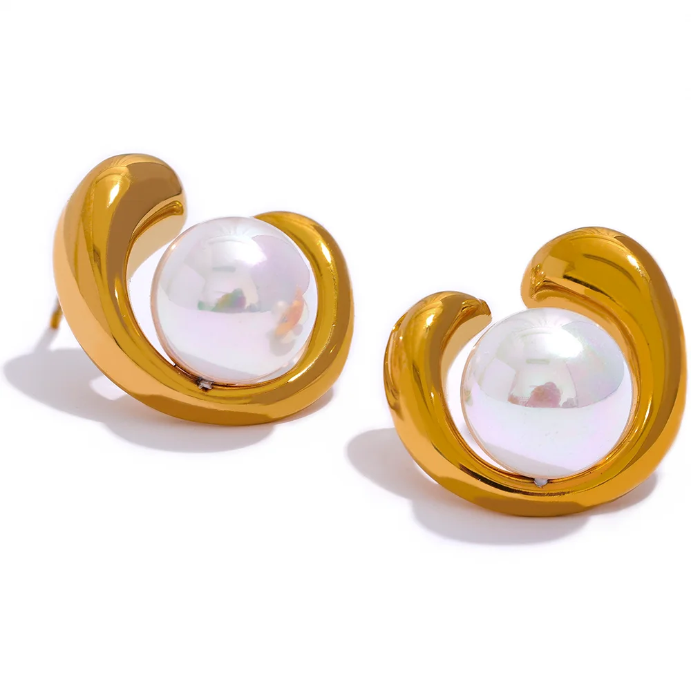 

JINYOU 1761 Fashion Shell Pearl Geometric Stainless Steel Gold Stud Earrings Exquisite Texture 18K PVD Plated Korean Jewelry