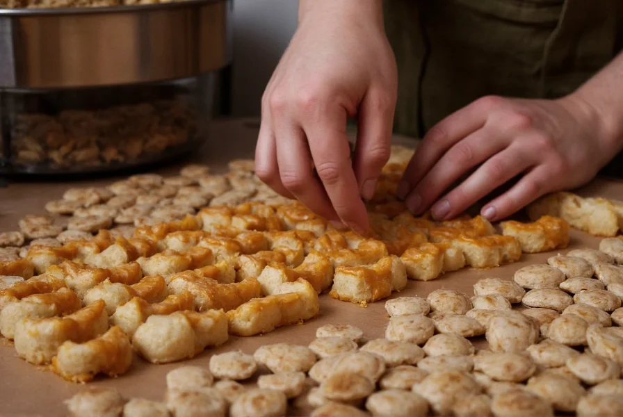 Artisan candy maker hand-pouring anise candy mixture into wooden molds in traditional workshop setting