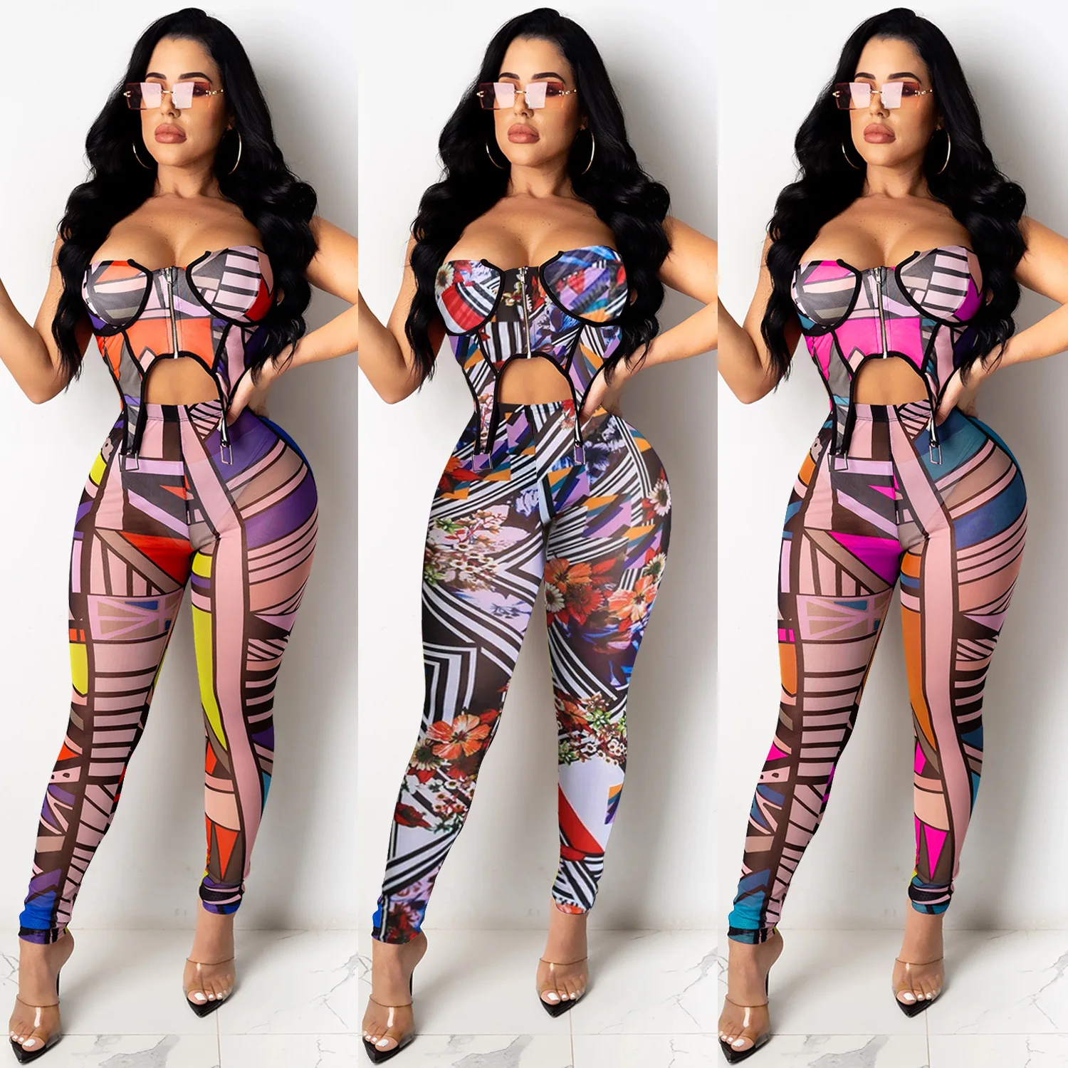 

Tank Tops And Pants Women Sexy Sling Backless Low-Cut Pattern Print Fashion High-Waist Bag Hip 2 Piece Pants Set Womens 2021