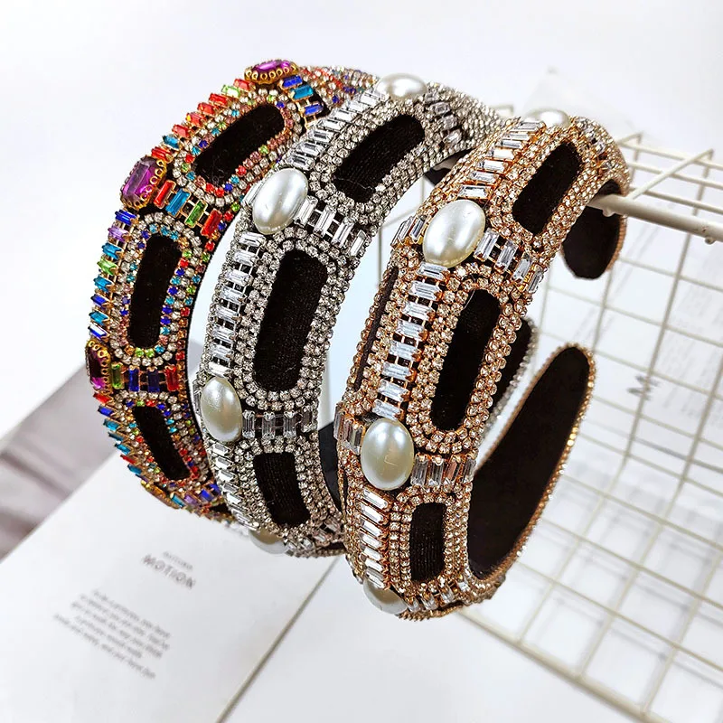 

Jachon trendy stylish headbands elegant imitation pearl headwear colourful rhinestone headbands for woman