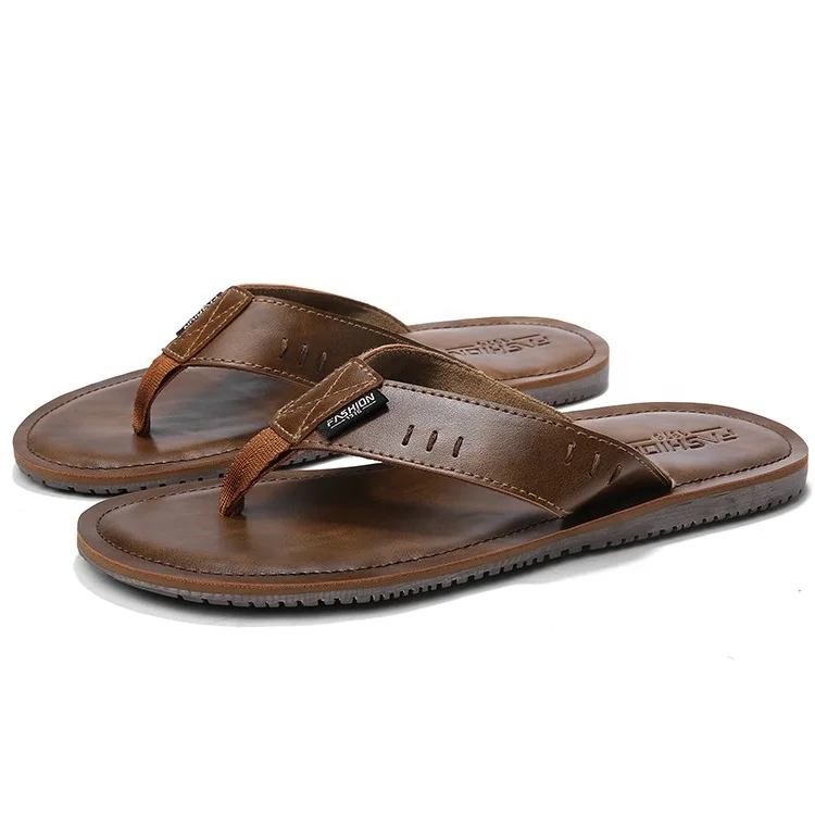 

Comfortable Men Custom Logo Genuine Leather Wear-Resistant Flat Slide Slipper Flip Flip Sandals, Brown//black/yellow/customized
