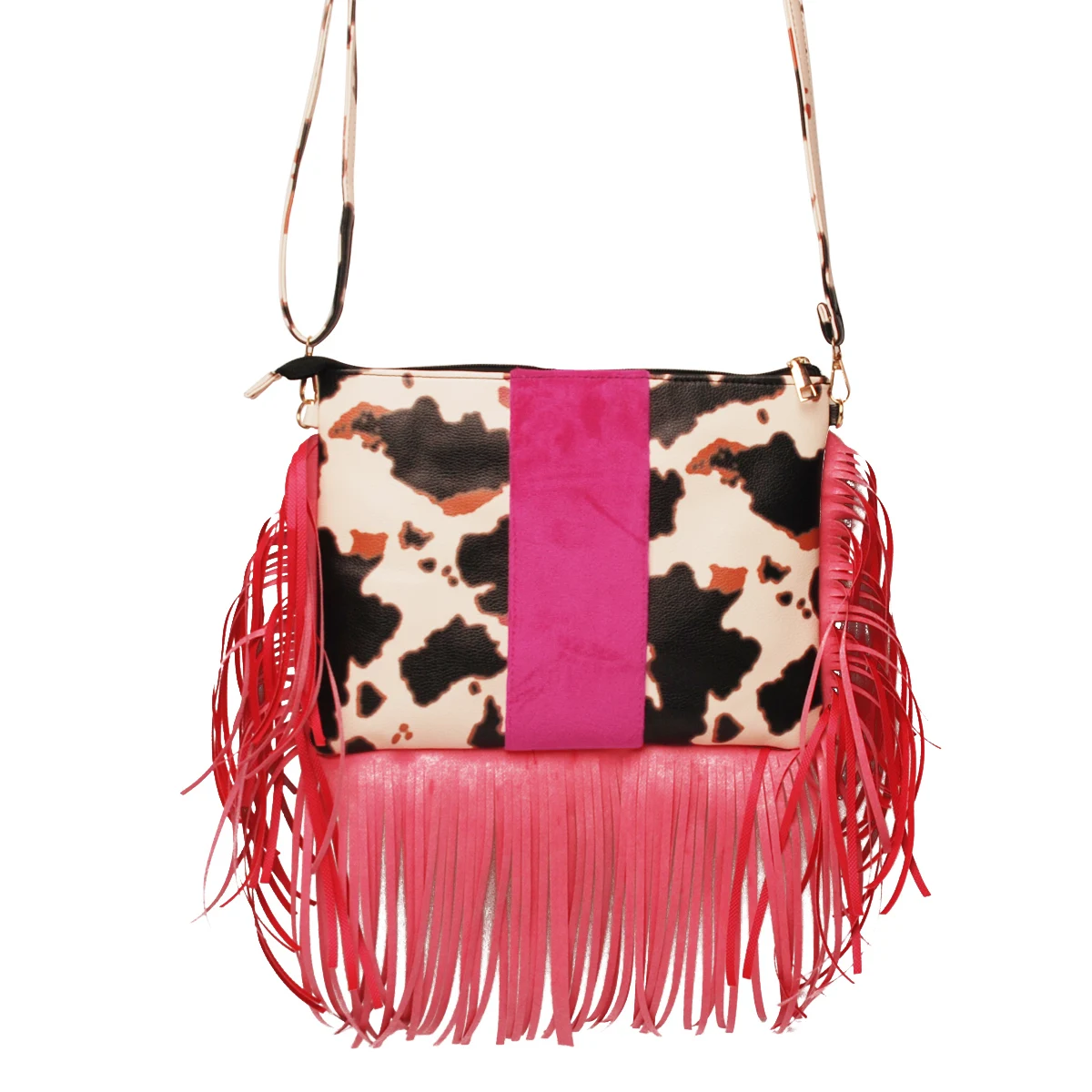 

OEM Cow printed Handbags Lady Fashion Fringe PU Female Crossbody Bag DOM113-1208 Unique Women Purse Bag with Tassel trims